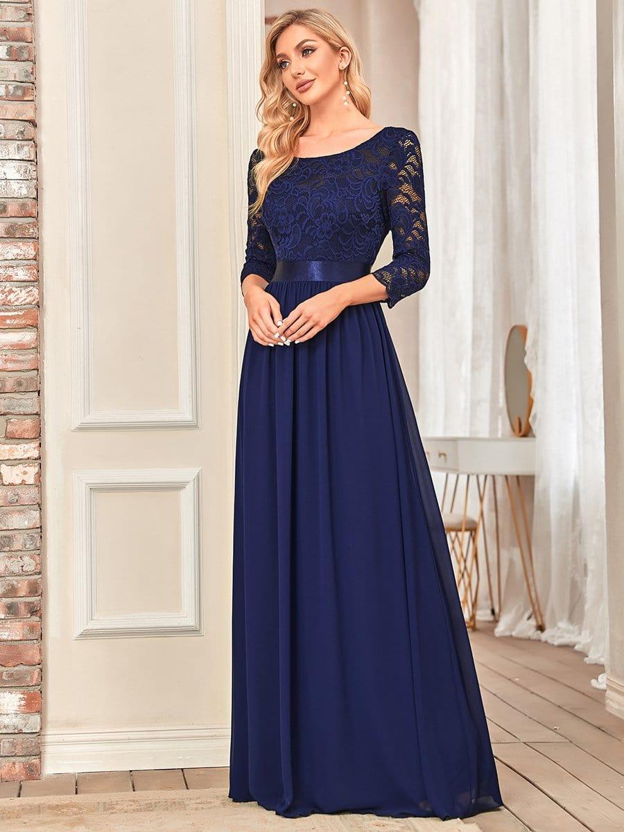 See-Through Floor Length Lace Chiffon Evening Dress with Half Sleeve #color_Navy Blue