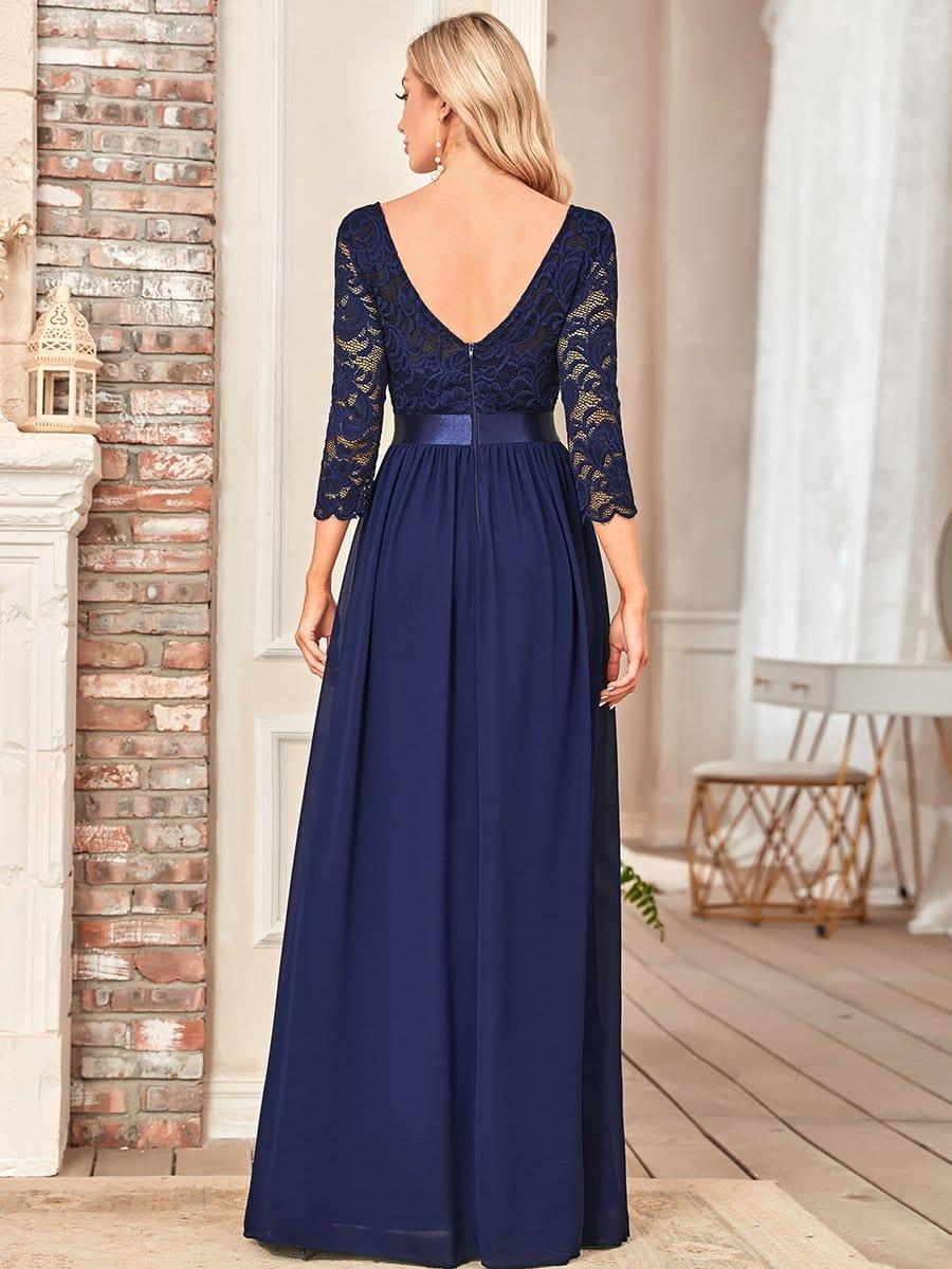 See-Through Floor Length Lace Chiffon Evening Dress with Half Sleeve #color_Navy Blue