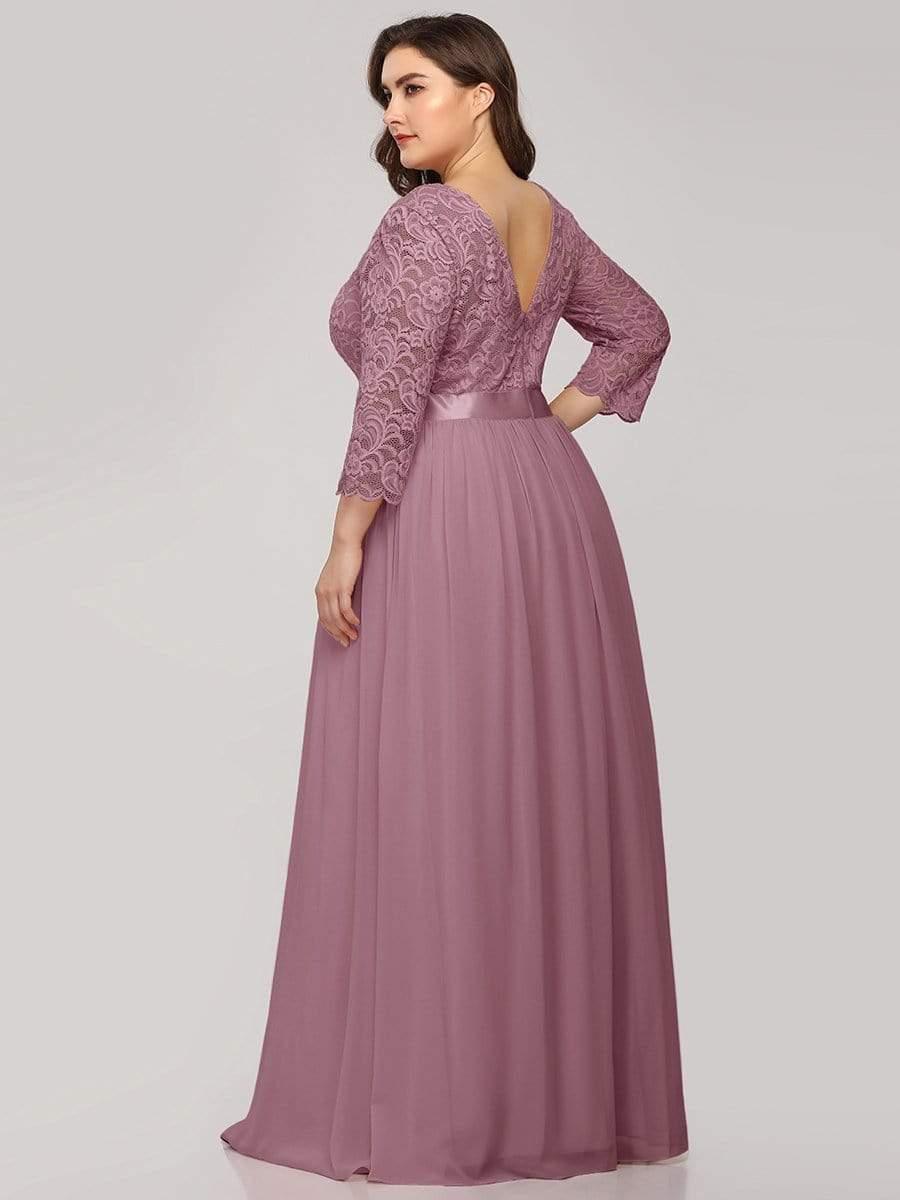 See-Through Floor Length Lace Chiffon Evening Dress with Half Sleeve #color_Purple Orchid