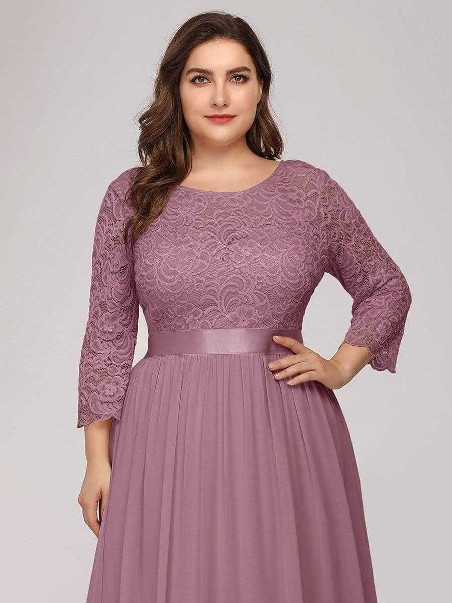 See-Through Floor Length Lace Chiffon Evening Dress with Half Sleeve #color_Purple Orchid