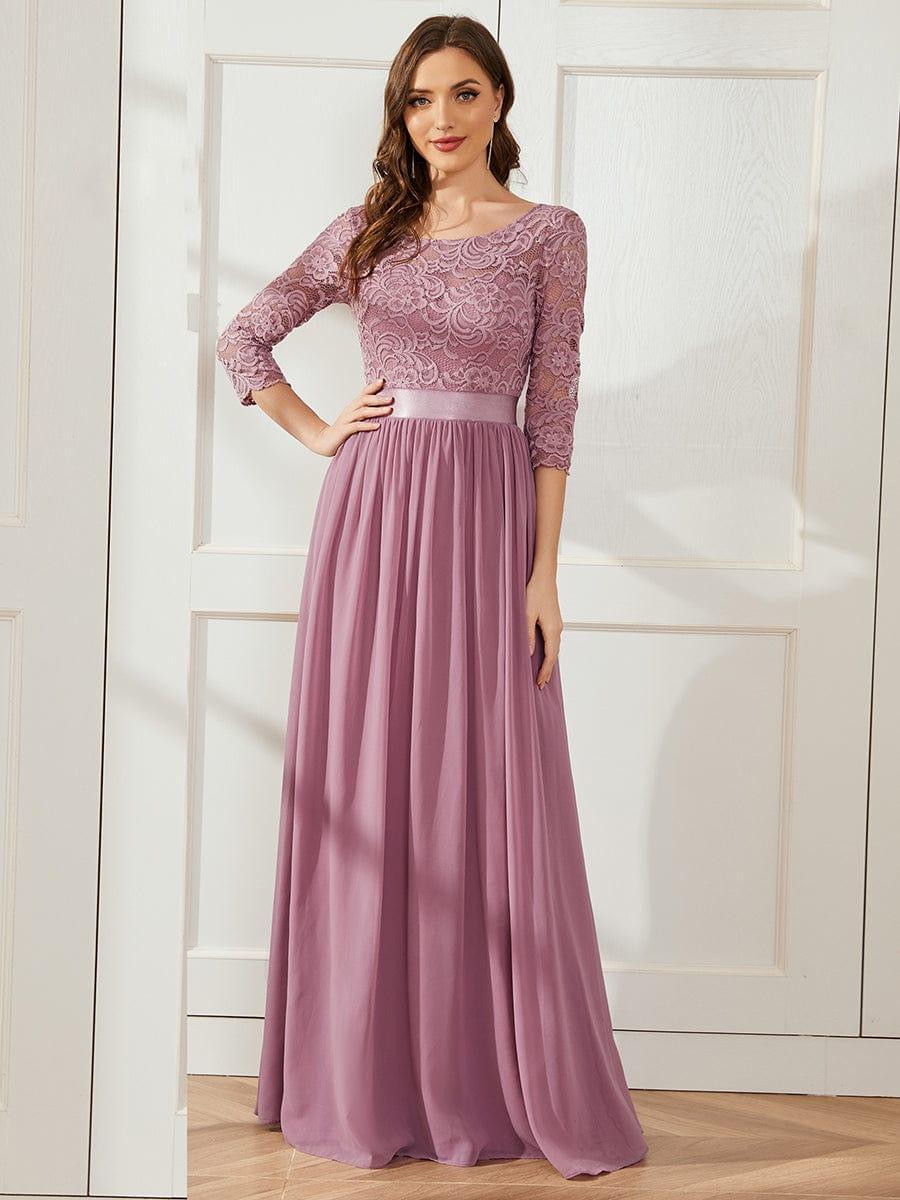 See-Through Floor Length Lace Chiffon Evening Dress with Half Sleeve #color_Purple Orchid