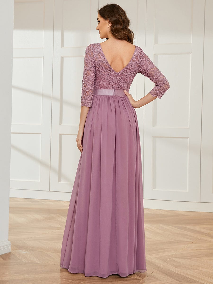 See-Through Floor Length Lace Evening Dress with Half Sleeve #color_Purple Orchid