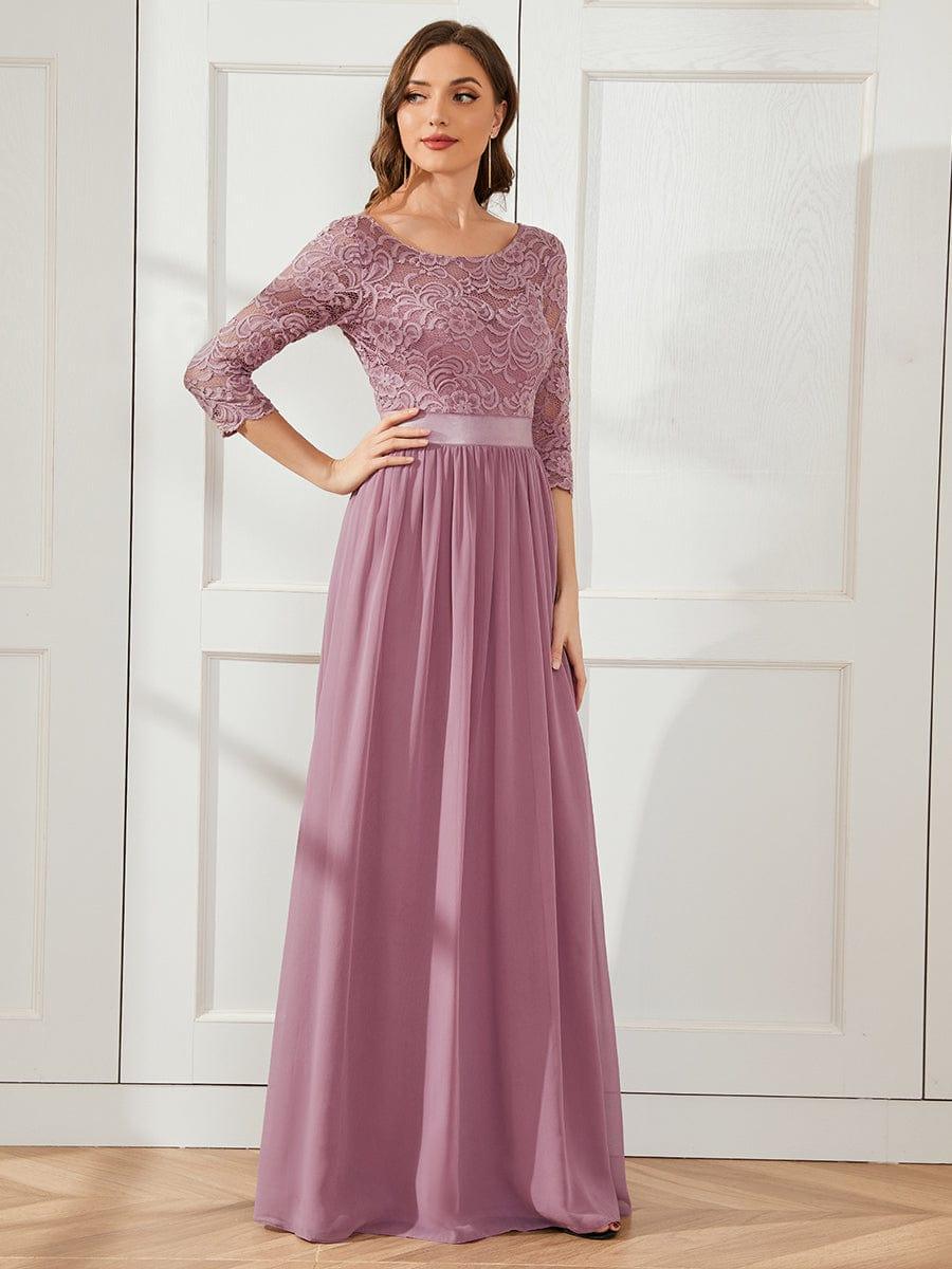 See-Through Floor Length Lace Chiffon Evening Dress with Half Sleeve #color_Purple Orchid