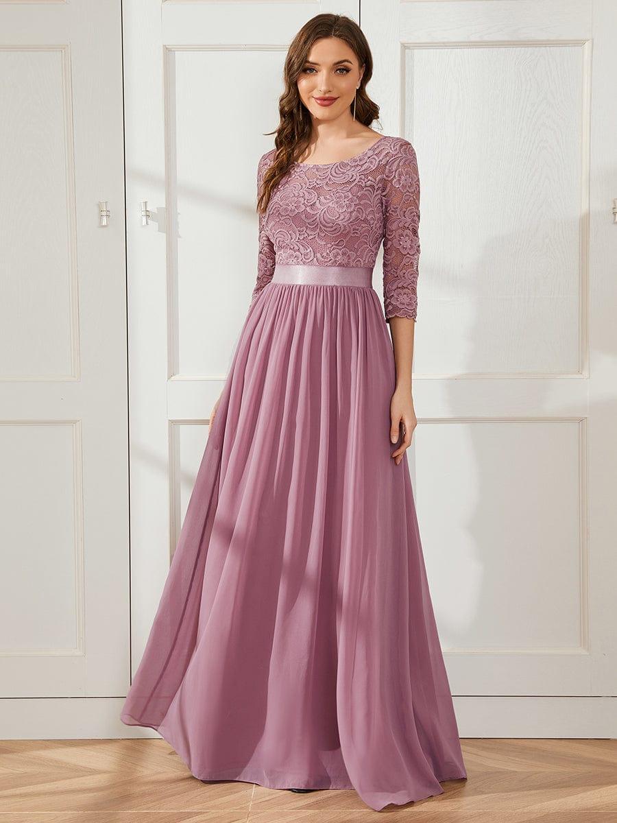 See-Through Floor Length Lace Chiffon Evening Dress with Half Sleeve #color_Purple Orchid