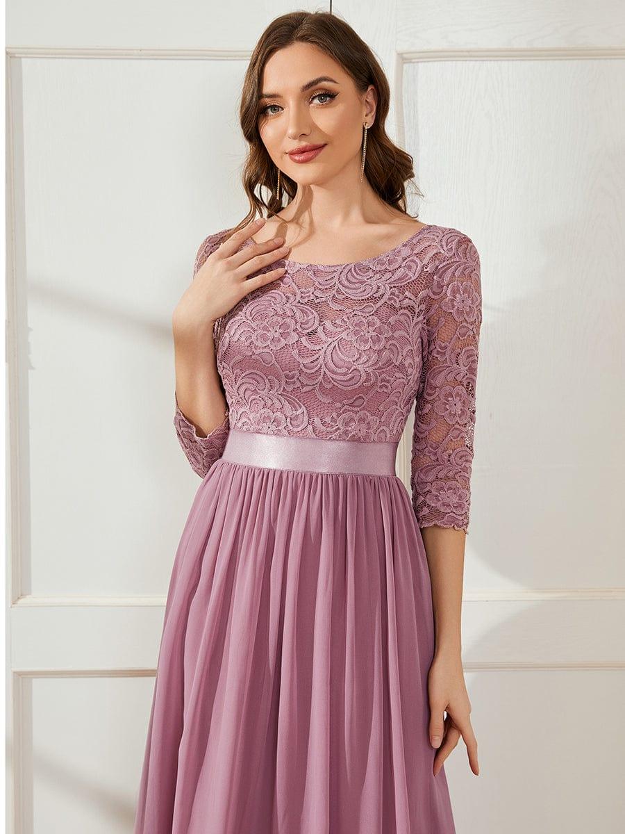 See-Through Floor Length Lace Chiffon Evening Dress with Half Sleeve #color_Purple Orchid