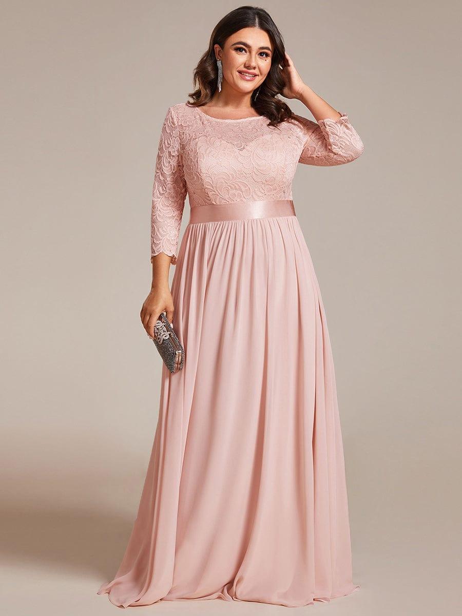 See-Through Floor Length Lace Chiffon Evening Dress with Half Sleeve #color_Pink
