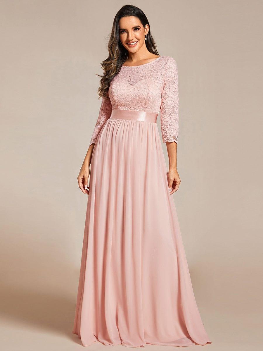 See-Through Floor Length Lace Chiffon Evening Dress with Half Sleeve #color_Pink