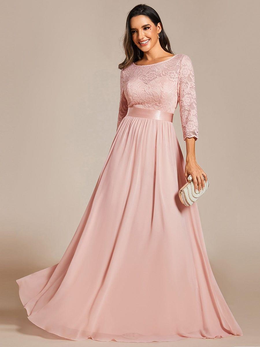 See-Through Floor Length Lace Chiffon Evening Dress with Half Sleeve #color_Pink