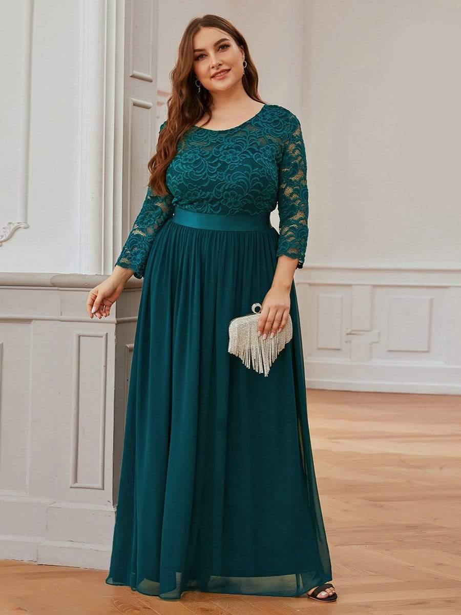 See-Through Floor Length Lace Chiffon Evening Dress with Half Sleeve #color_Teal 