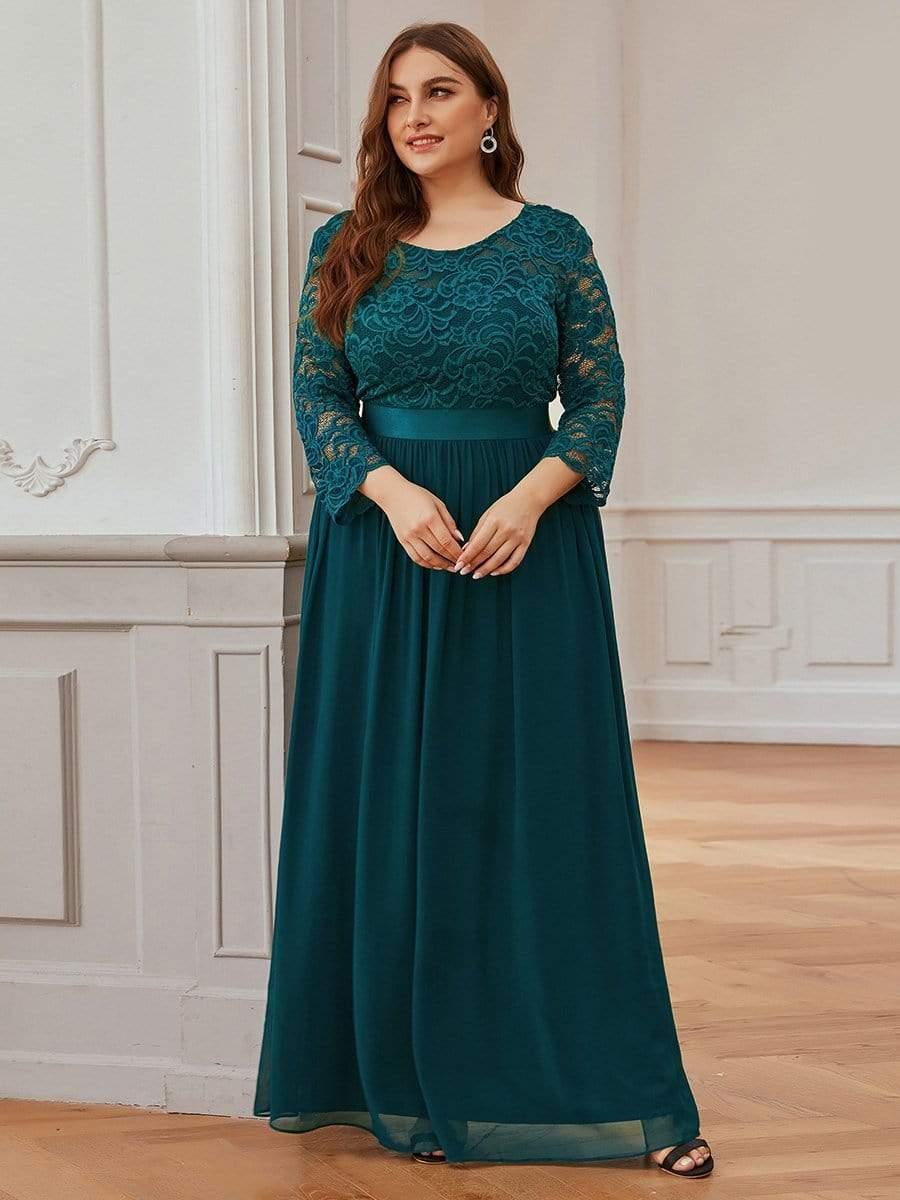 See-Through Floor Length Lace Chiffon Evening Dress with Half Sleeve #color_Teal 
