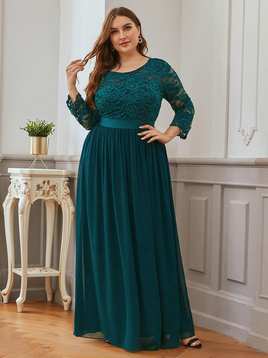 Custom Size See-Through Maxi Lace Evening Dress with Half Sleeve #color_Teal
