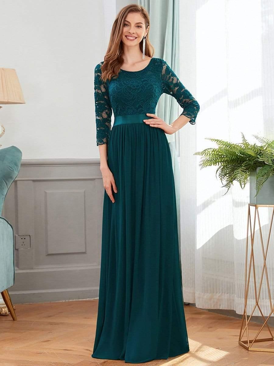 See-Through Floor Length Lace Chiffon Evening Dress with Half Sleeve #color_Teal 