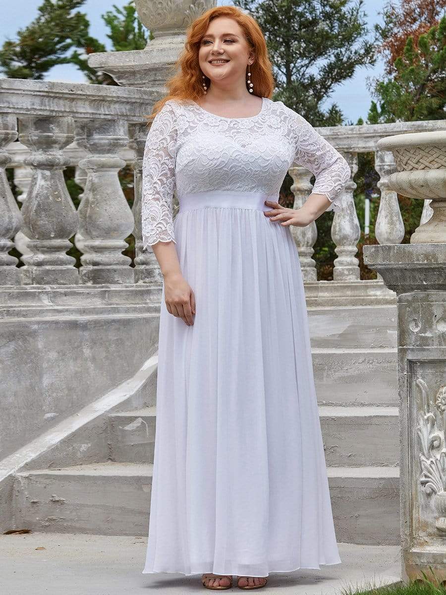 Plus Size Long Lace Sleeve Formal Evening Gowns #color_White 