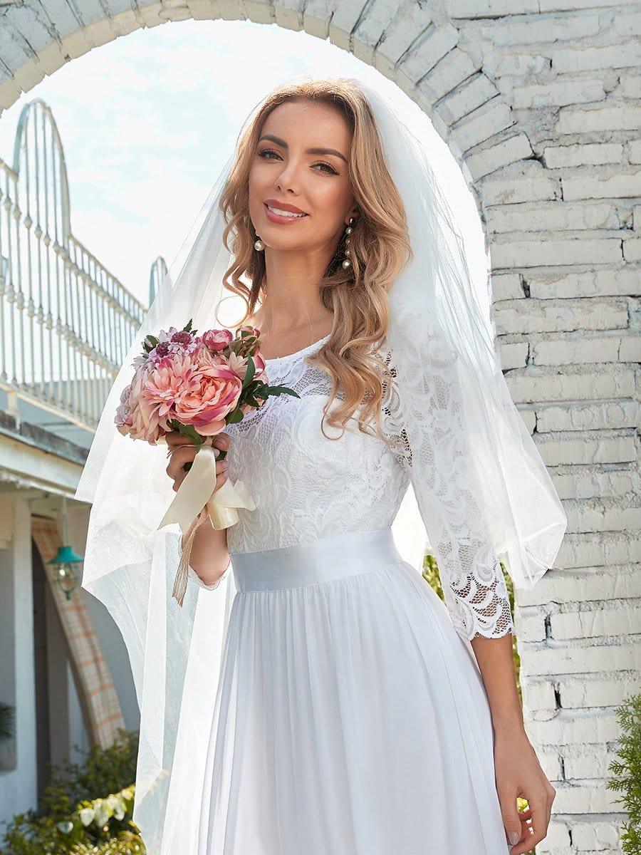 See-Through Floor Length Lace Chiffon Evening Dress with Half Sleeve #color_White 