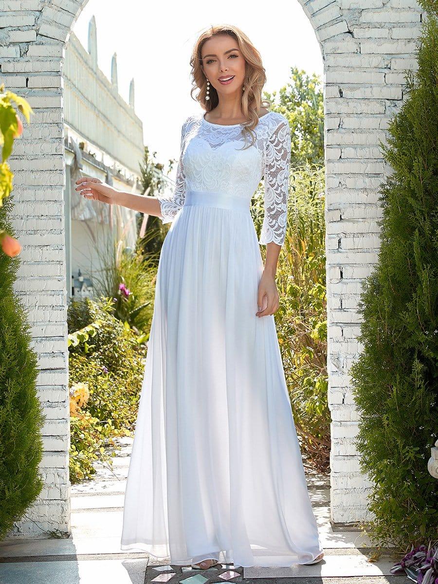 See-Through Floor Length Lace Chiffon Evening Dress with Half Sleeve #color_White 