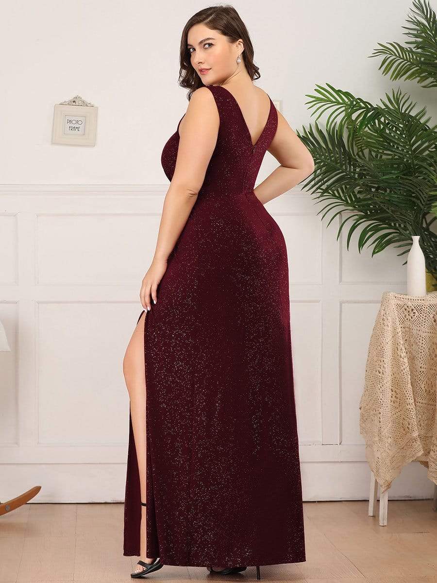 Custom Size Glittery Side Split Deep V-Neck Evening Dress #color_Burgundy 