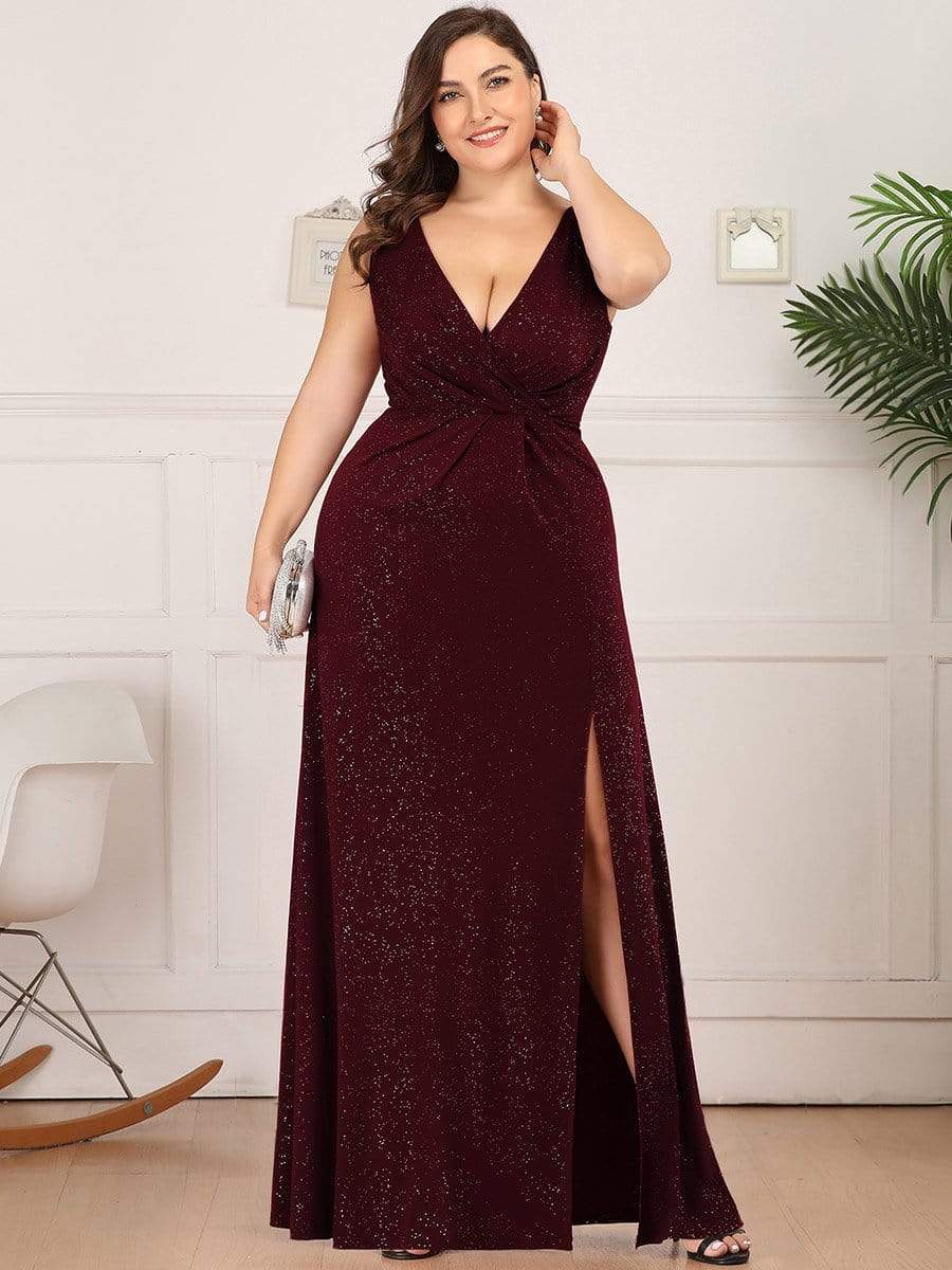 Custom Size Glittery Side Split Deep V-Neck Evening Dress #color_Burgundy 