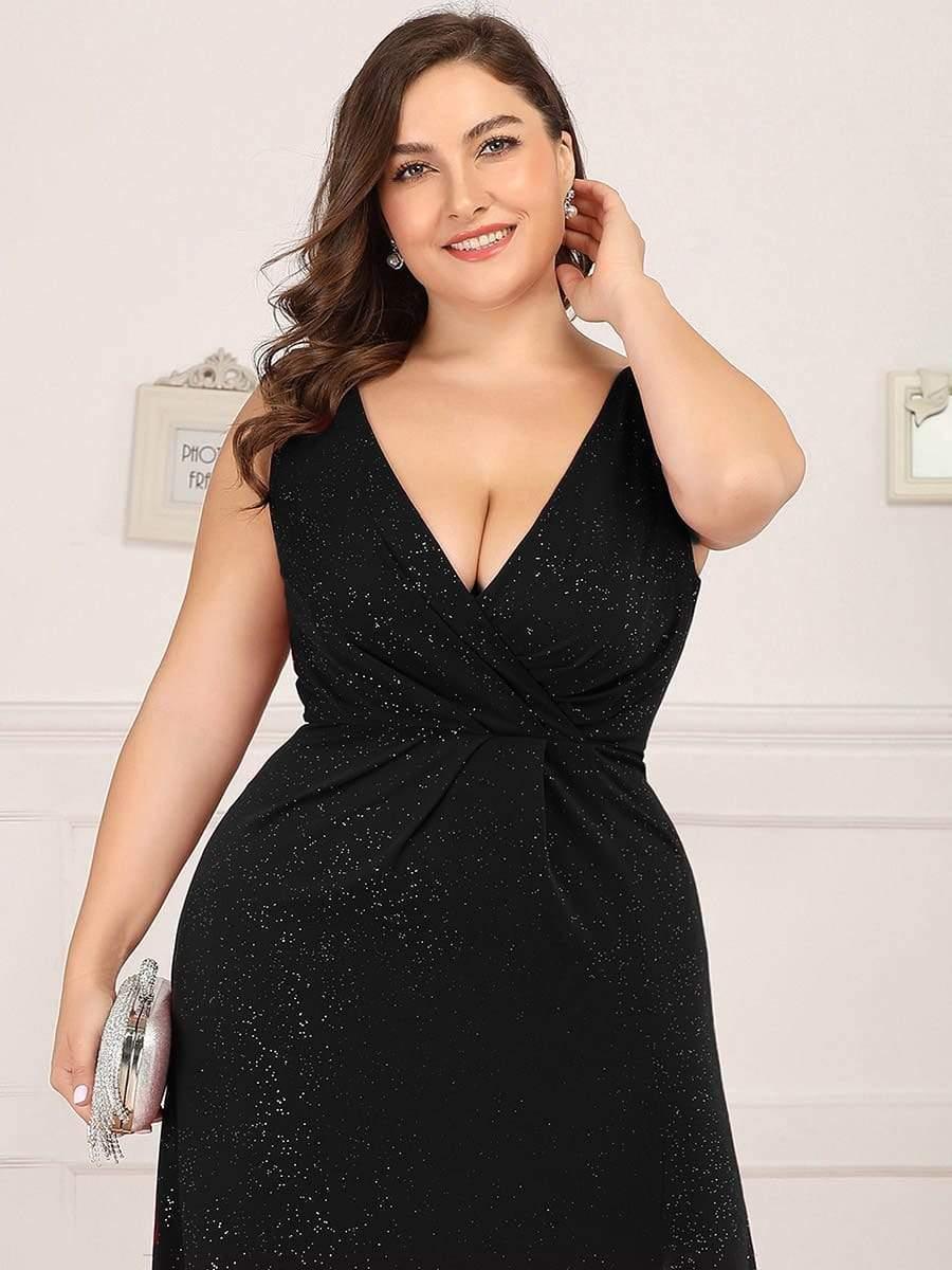 Plus Size Shiny V Neck Side Split Formal Evening Dress #color_Black 
