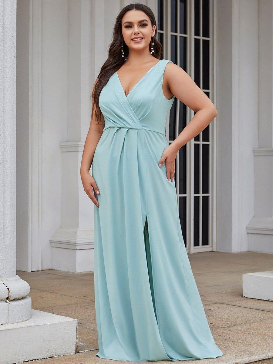 Plus Size Shiny V Neck Side Split Formal Evening Dress #color_Sky Blue 