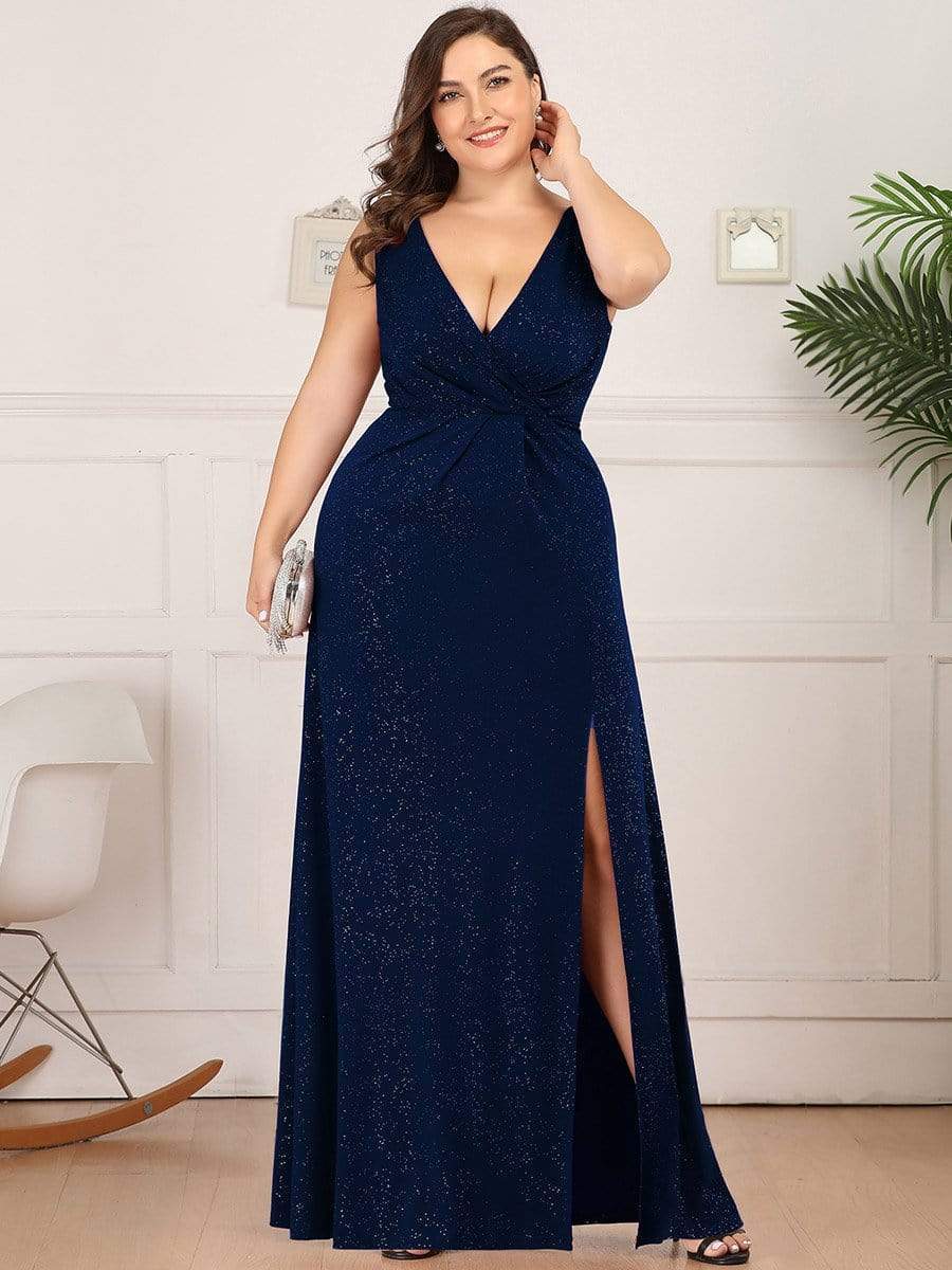 Plus Size Shiny V Neck Side Split Formal Evening Dress #color_Navy Blue 