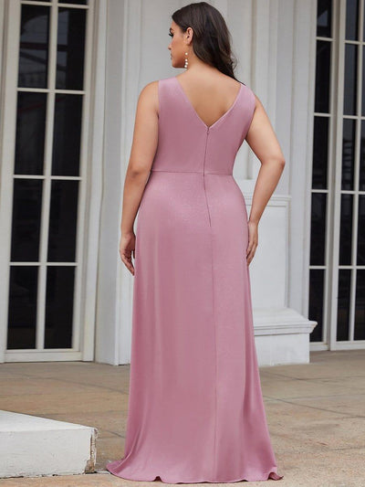Plus Size Shiny V Neck Side Split Formal Evening Dress #color_Purple Orchid 