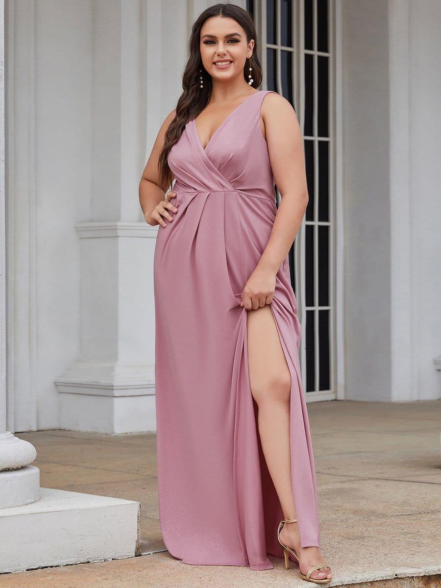 Plus Size Shiny V Neck Side Split Formal Evening Dress #color_Purple Orchid 