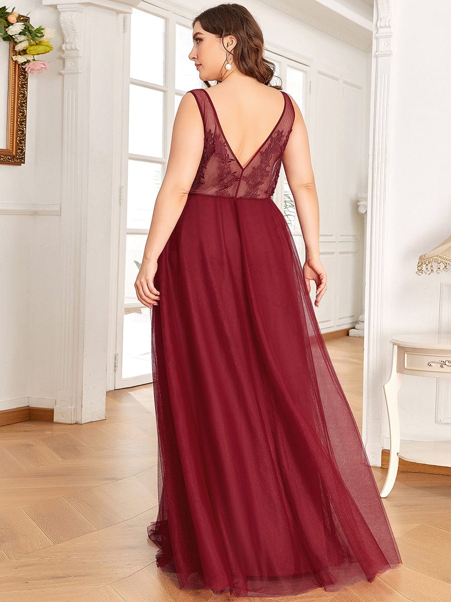 Plus Size Maxi Long Ethereal Tulle Formal Evening Dress #color_Burgundy 