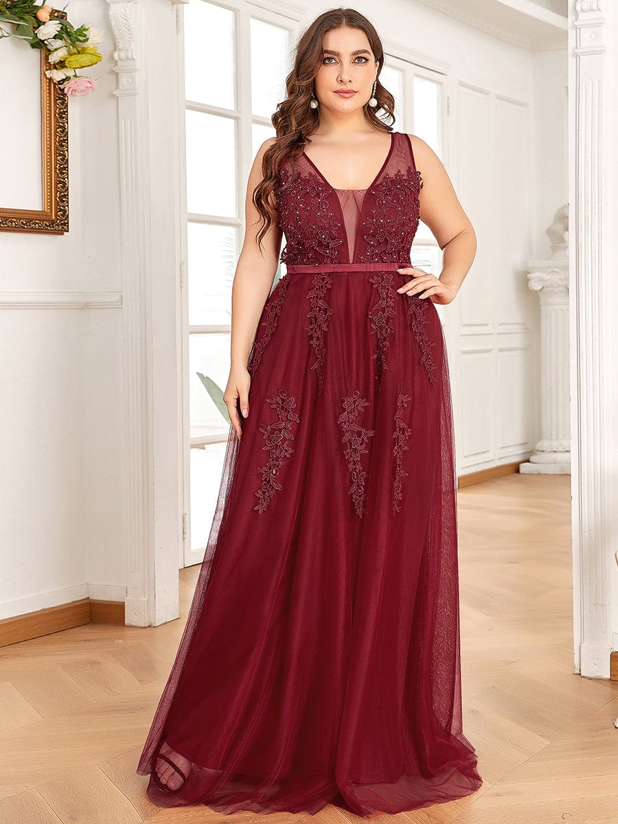 Plus Size Maxi Long Ethereal Tulle Formal Evening Dress #color_Burgundy 