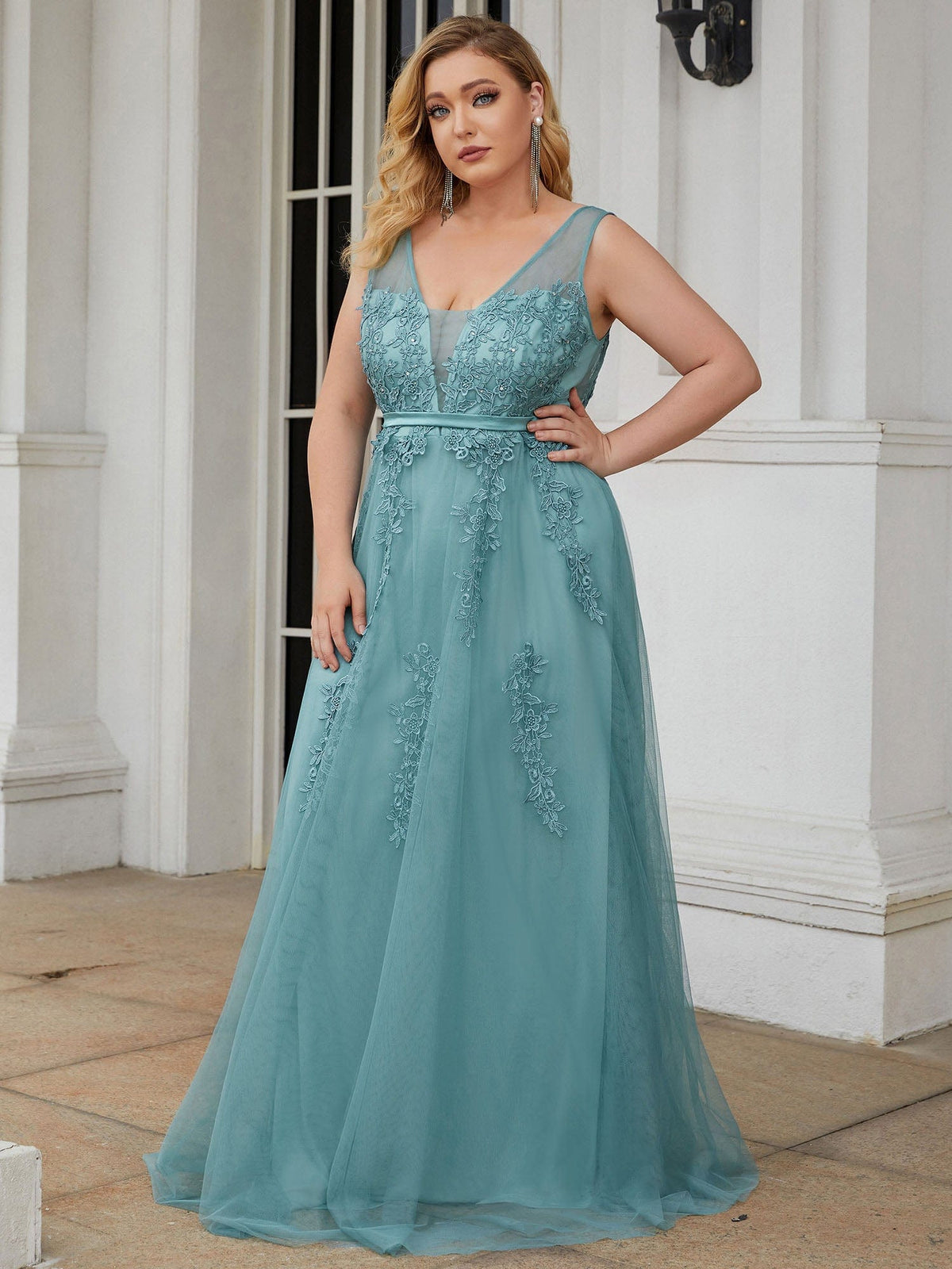 Custom Size Maxi Long Elegant Ethereal Tulle Evening Dress #color_Dusty Blue
