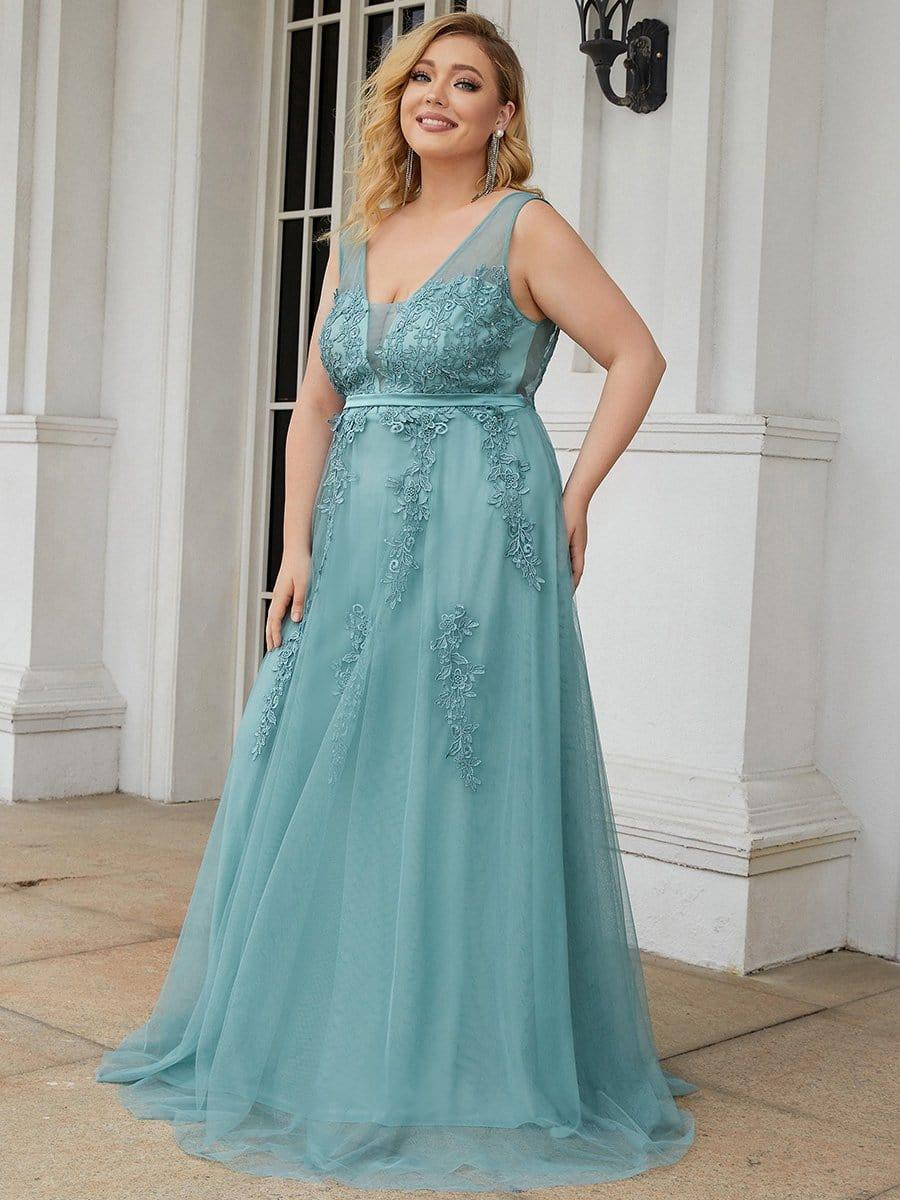 Plus Size Maxi Long Ethereal Tulle Formal Evening Dress #color_Light Teal