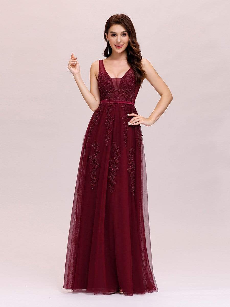 Maxi Long Elegant Ethereal Tulle Prom Dress #color_Burgundy 