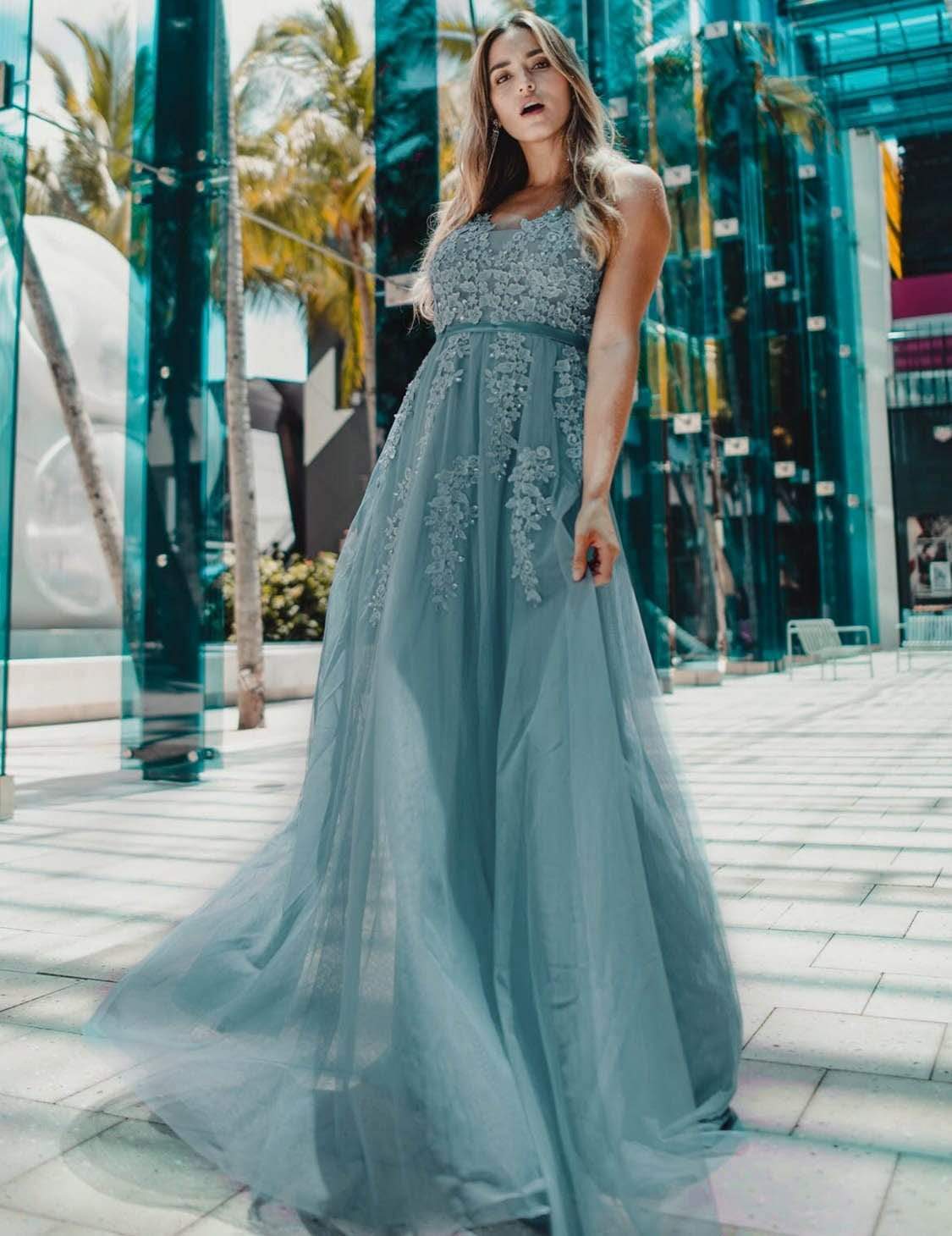 Maxi Long Elegant Ethereal Tulle Prom Dress #color_Dusty Blue 