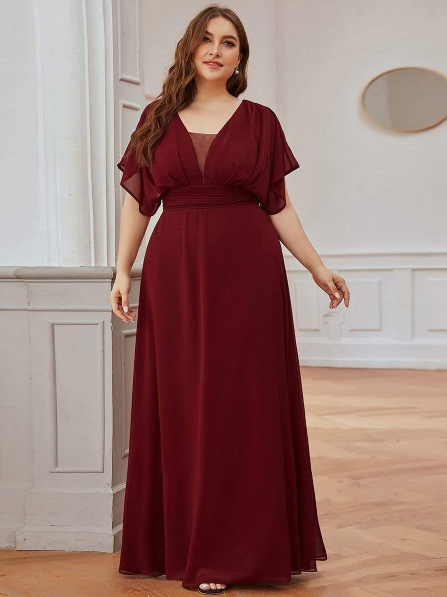 Plus Size Empire Waist Chiffon Formal Maxi Evening Dress #color_Burgundy 