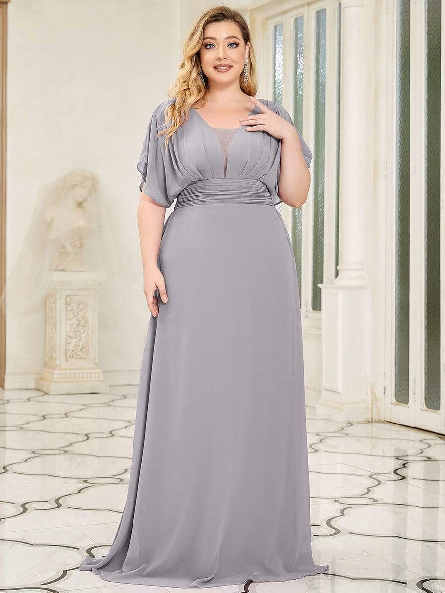Plus Size Empire Waist Chiffon Formal Maxi Evening Dress #color_Grey 