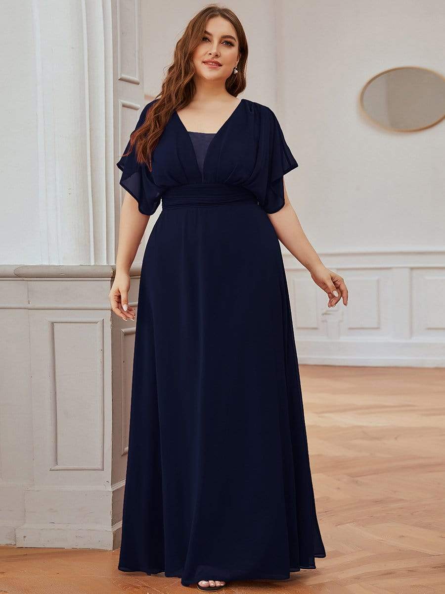 Plus Size Empire Waist Chiffon Formal Maxi Evening Dress #color_Navy Blue 