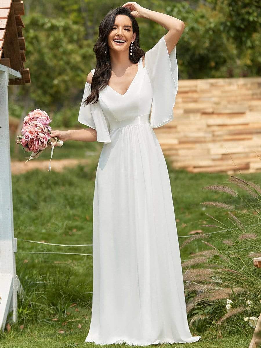 Elegant Cold Shoulder Flutter Sleeves Flowy Bridesmaid Dress - Ever ...