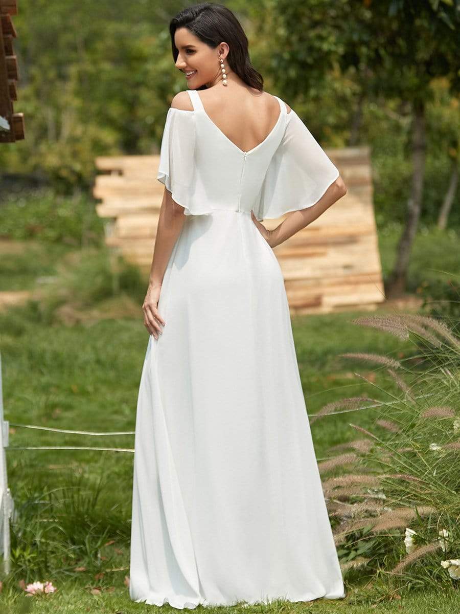 Elegant Cold Shoulder Flutter Sleeves Flowy Bridesmaid Dress