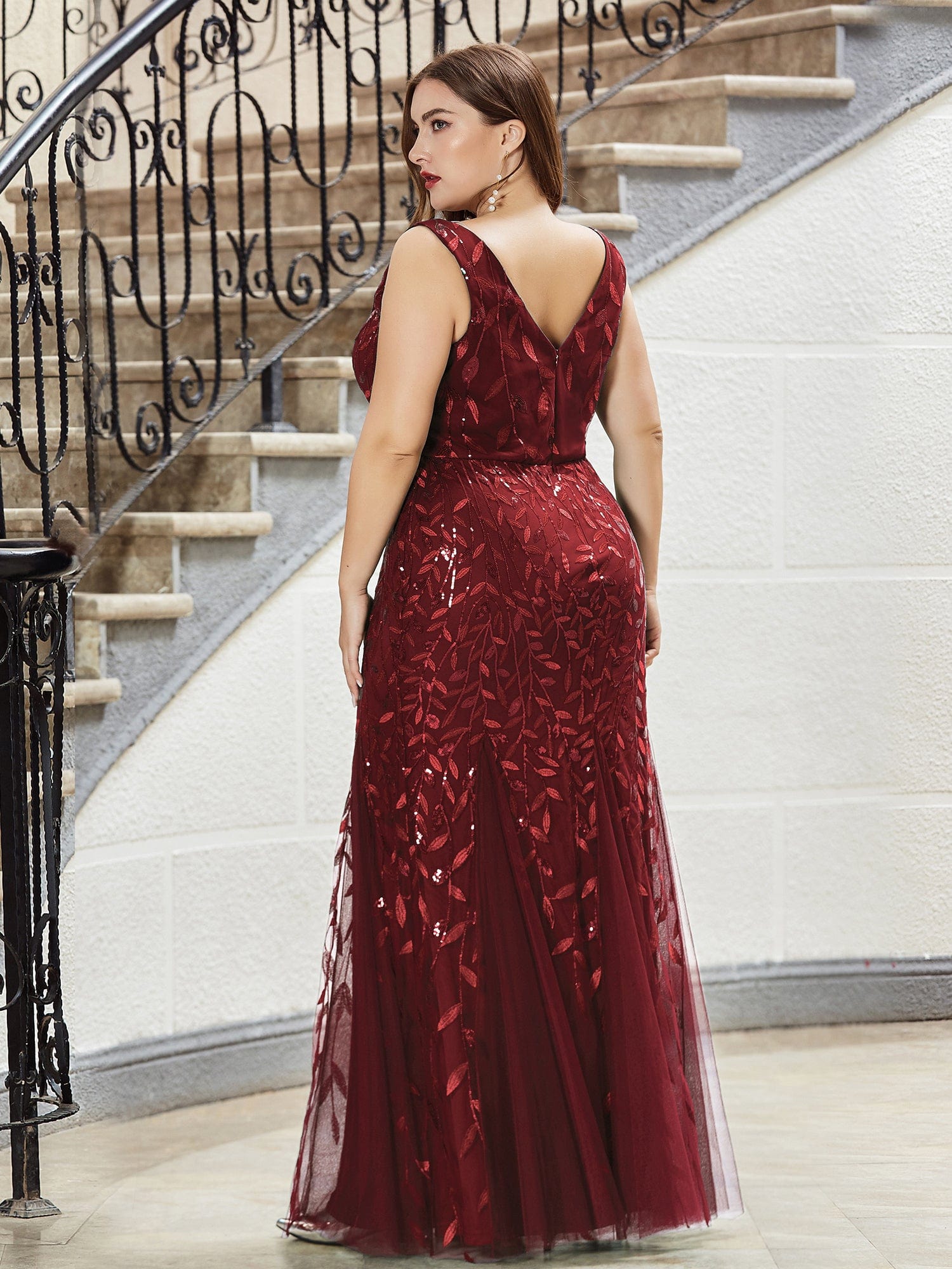 Custom Size Double V-Neck Fishtail Sequin Formal Maxi Evening Dress #color_Burgundy