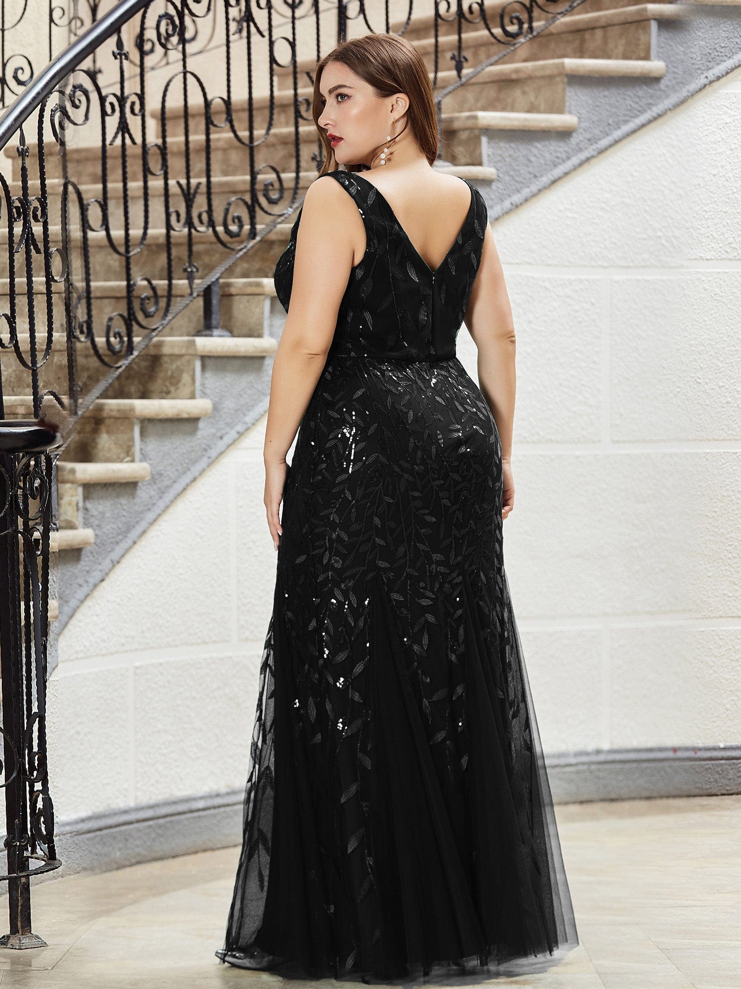 Custom Size Double V-Neck Fishtail Sequin Formal Maxi Evening Dress #color_Black