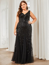 Plus Size Double V-Neck Fishtail Sequin Formal Maxi Evening Dress #color_Black 