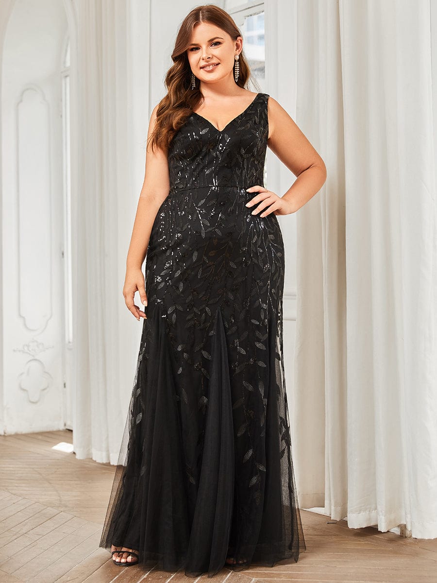 Plus Size Double V-Neck Fishtail Sequin Formal Maxi Evening Dress #color_Black 