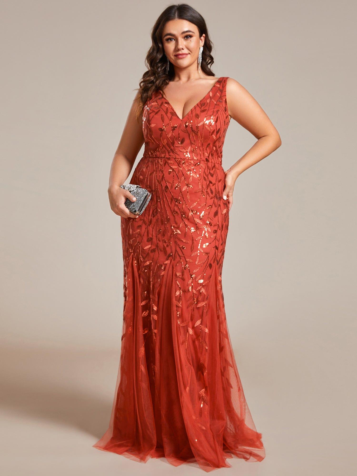 Custom Size Double V-Neck Fishtail Sequin Formal Maxi Evening Dress #color_Burnt Orange