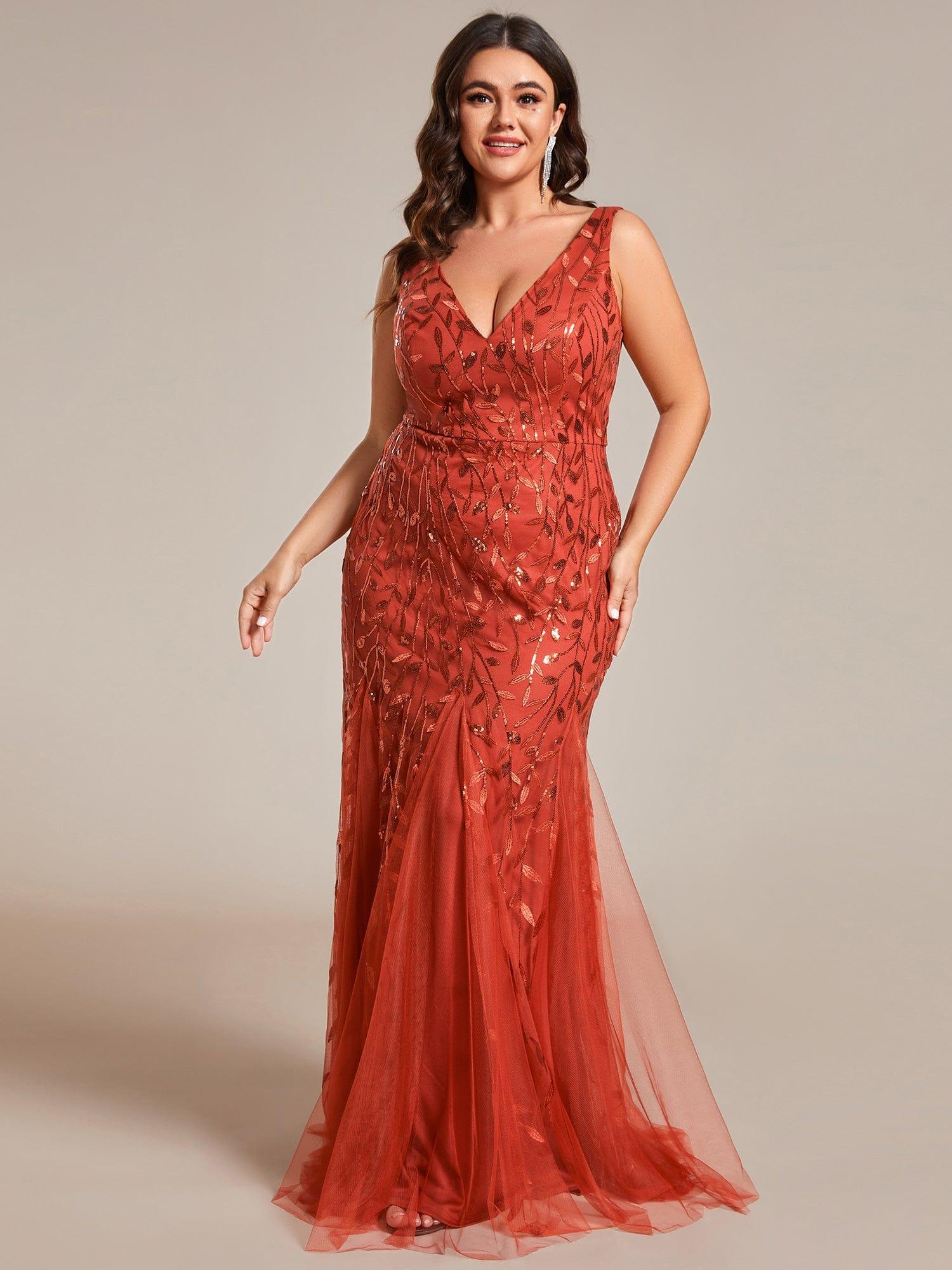 Custom Size Double V-Neck Fishtail Sequin Formal Maxi Evening Dress #color_Burnt Orange