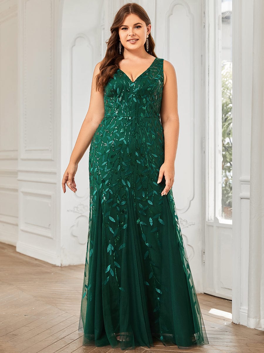 Plus Size Double V-Neck Fishtail Sequin Formal Maxi Evening Dress #color_Dark Green 