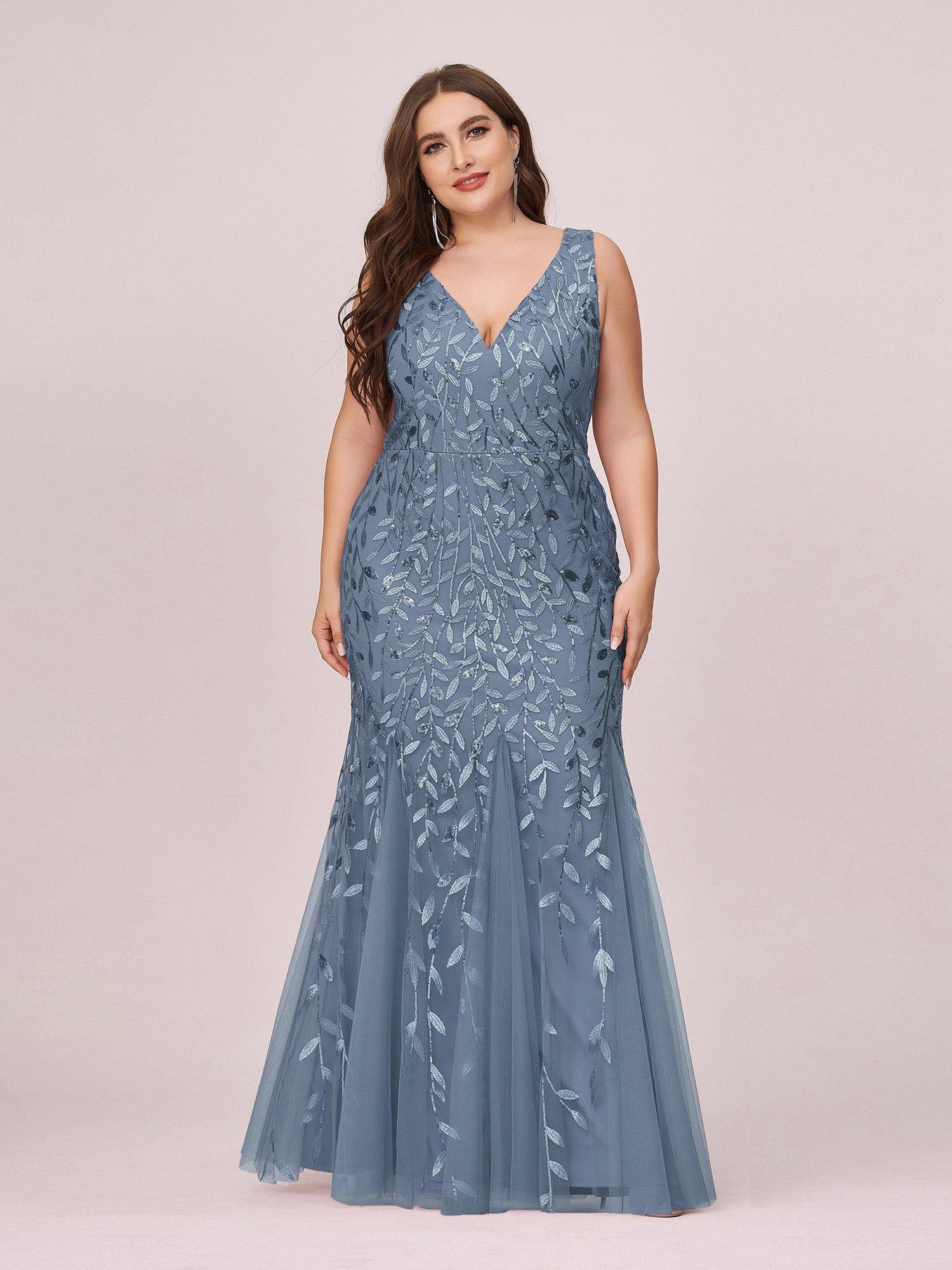 Custom Size Double V-Neck Fishtail Sequin Formal Maxi Evening Dress #color_Dusty Blue