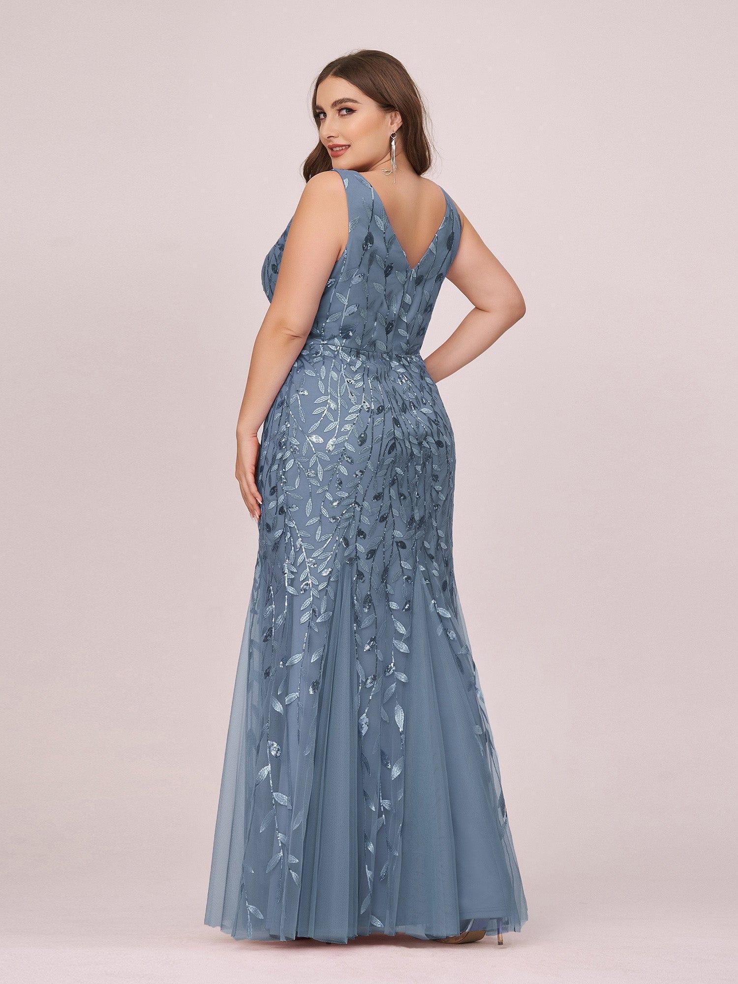Custom Size Double V-Neck Fishtail Sequin Formal Maxi Evening Dress #color_Dusty Blue