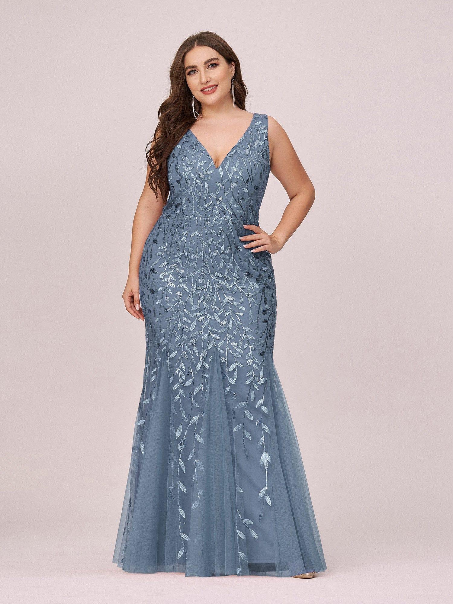 Custom Size Double V-Neck Fishtail Sequin Formal Maxi Evening Dress #color_Dusty Blue