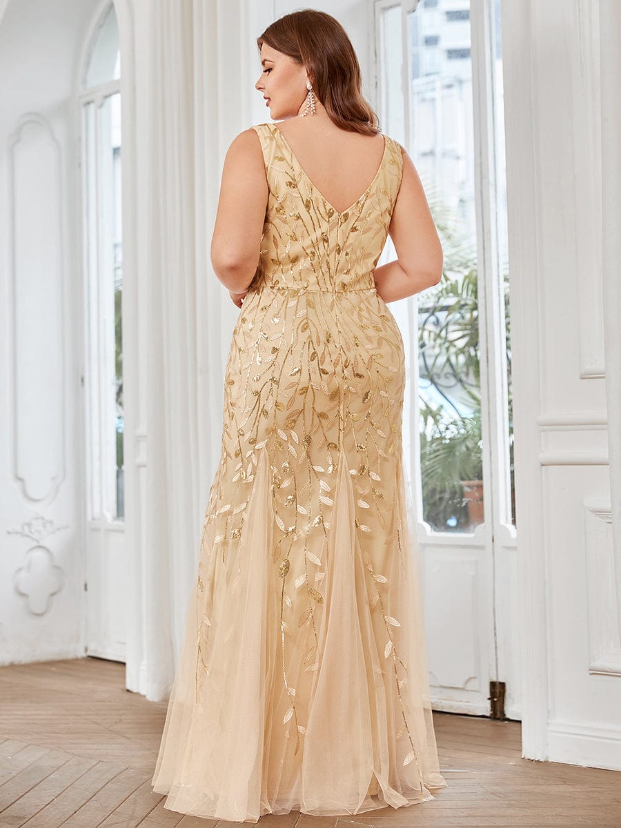 Plus Size Double V-Neck Fishtail Sequin Formal Maxi Evening Dress #color_Gold 
