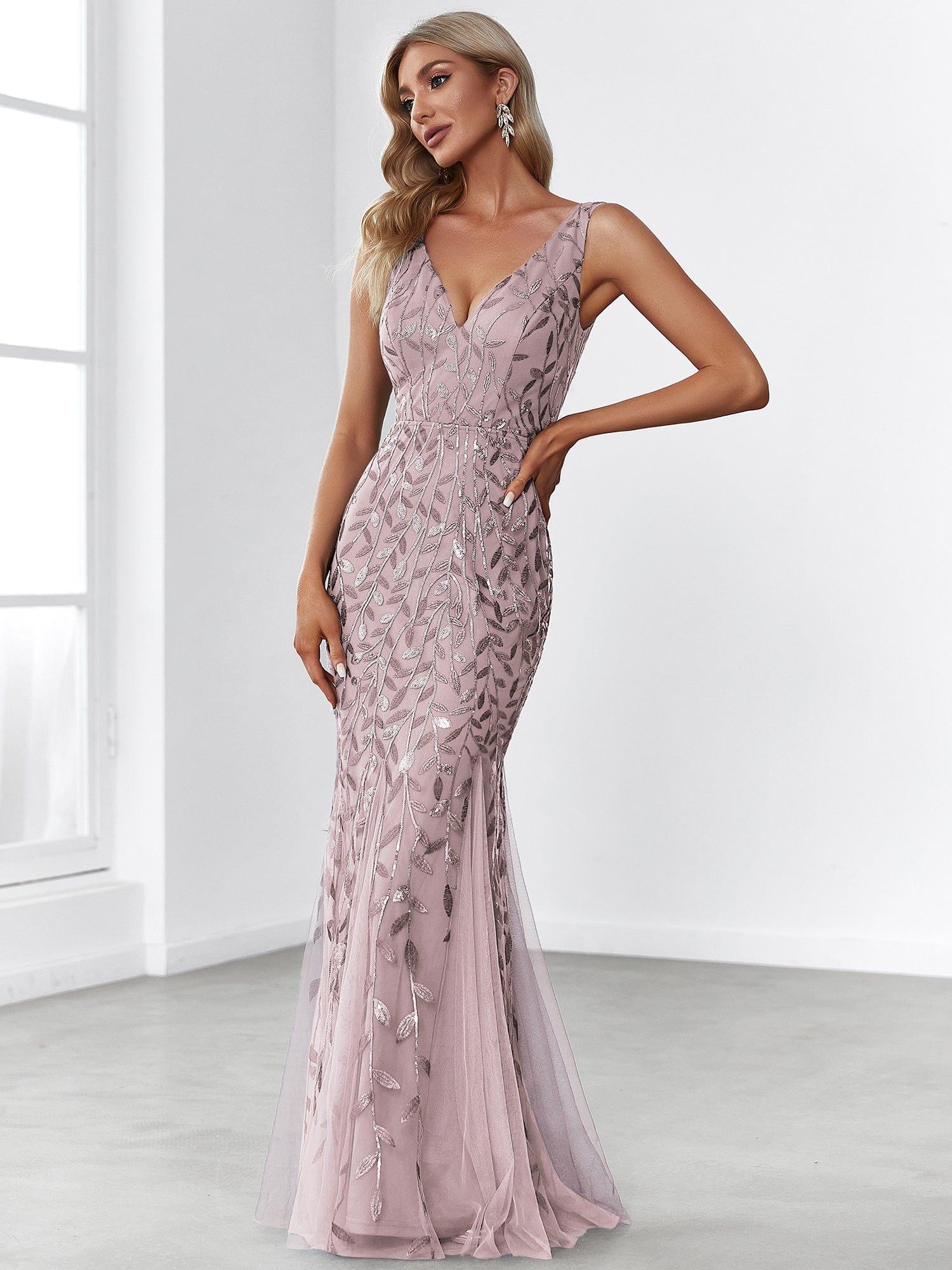Custom Size Double V-Neck Fishtail Sequin Formal Maxi Evening Dress #color_Lilac