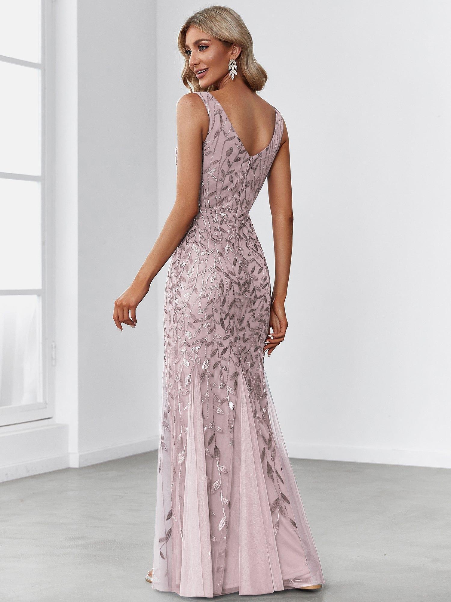 Custom Size Double V-Neck Fishtail Sequin Formal Maxi Evening Dress #color_Lilac